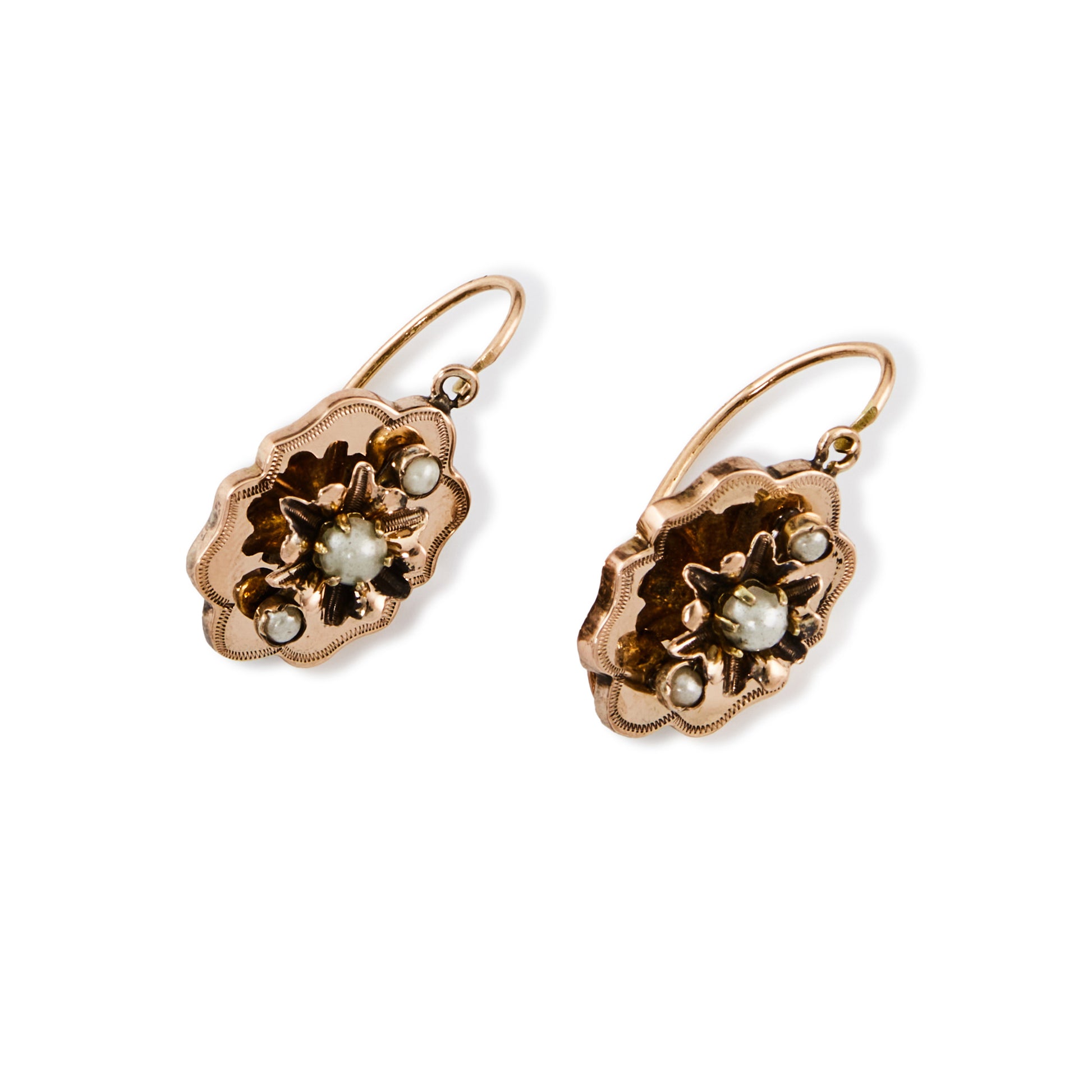 Dainty Victorian 9ct rose gold front fastening drop earrings, each set with three seed pearls.