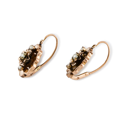 Dainty Victorian 9ct rose gold front fastening drop earrings, each set with three seed pearls.