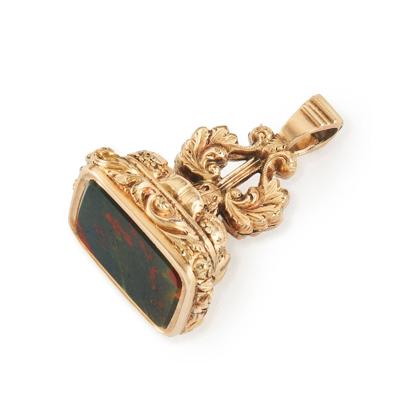 Stunning, chunky Victorian 15ct gold-cased fob seal set with a striking bloodstone, surrounded by intricate engraving.