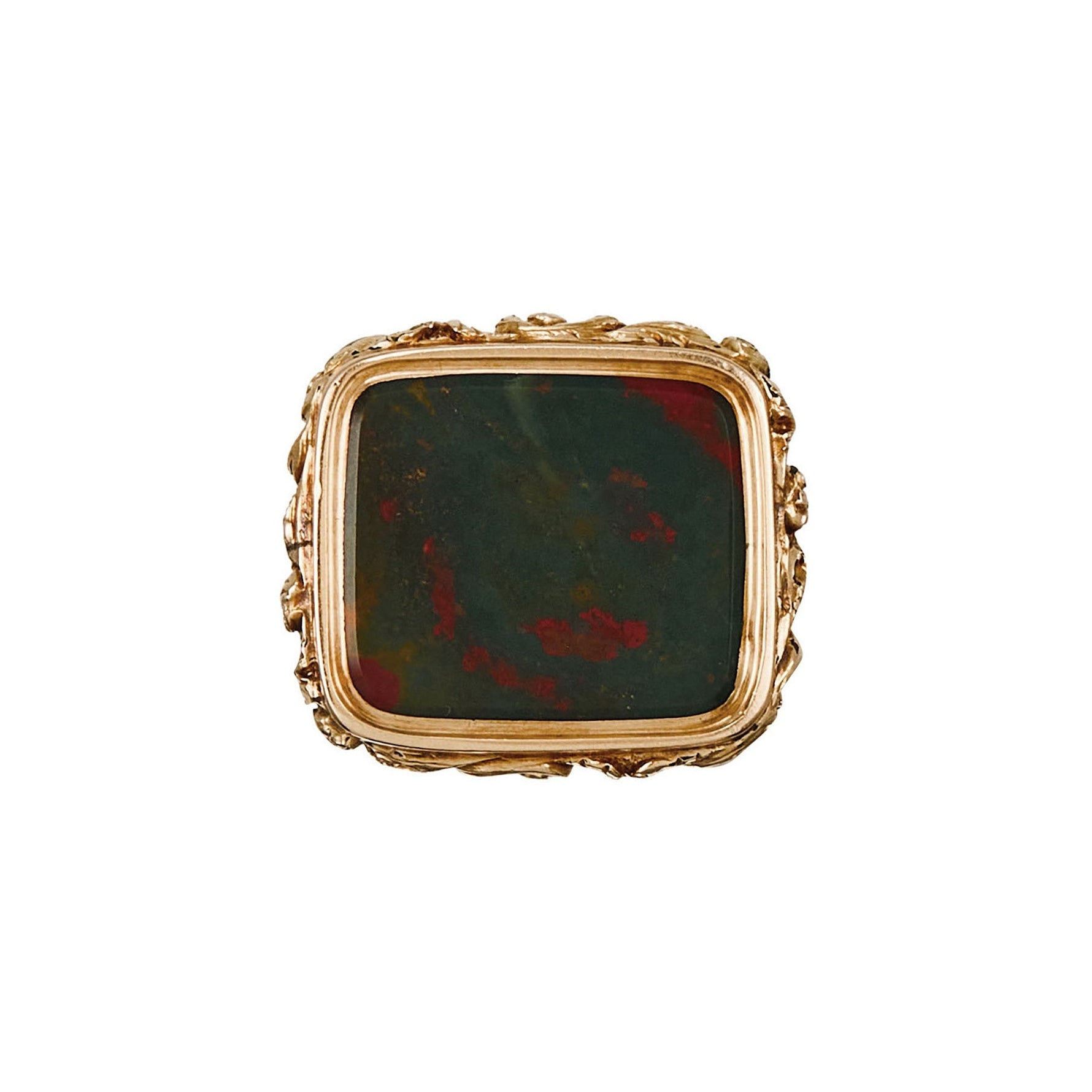Stunning, chunky Victorian 15ct gold-cased fob seal set with a striking bloodstone, surrounded by intricate engraving.