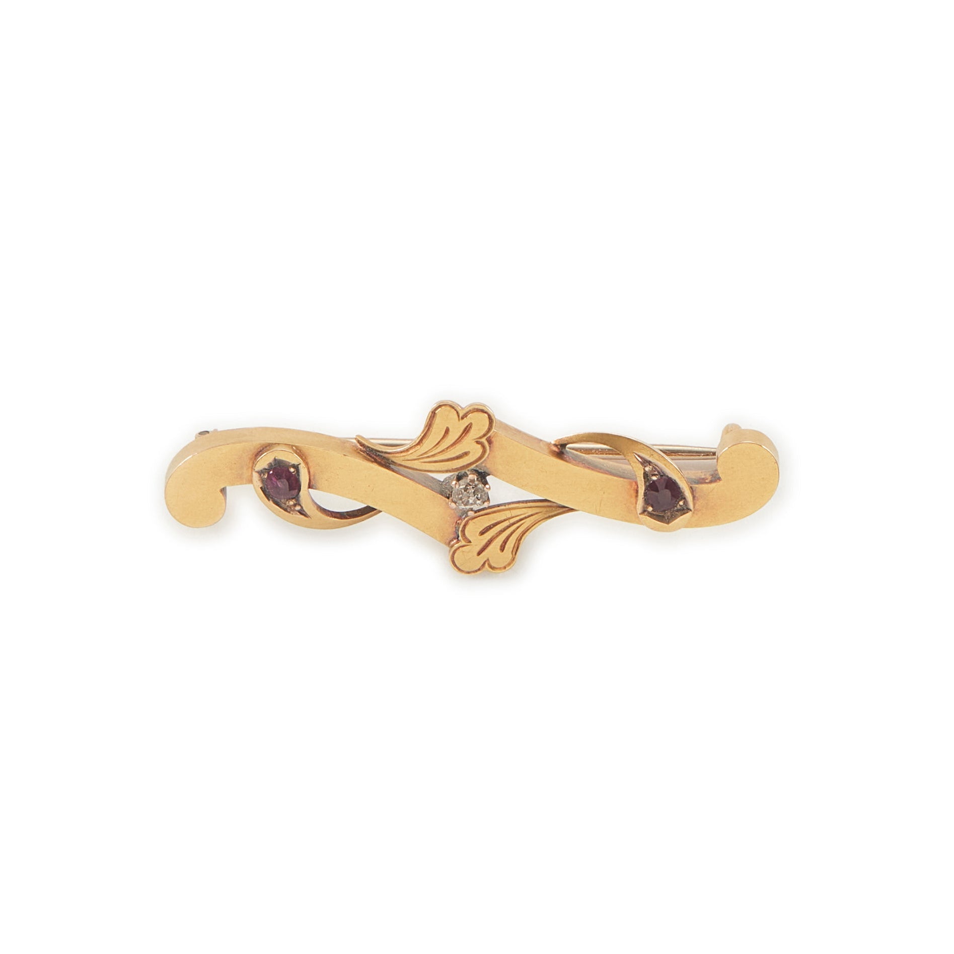 Dainty Victorian 15ct gold bar brooch set with two faceted rubies and a natural diamond in the centre.