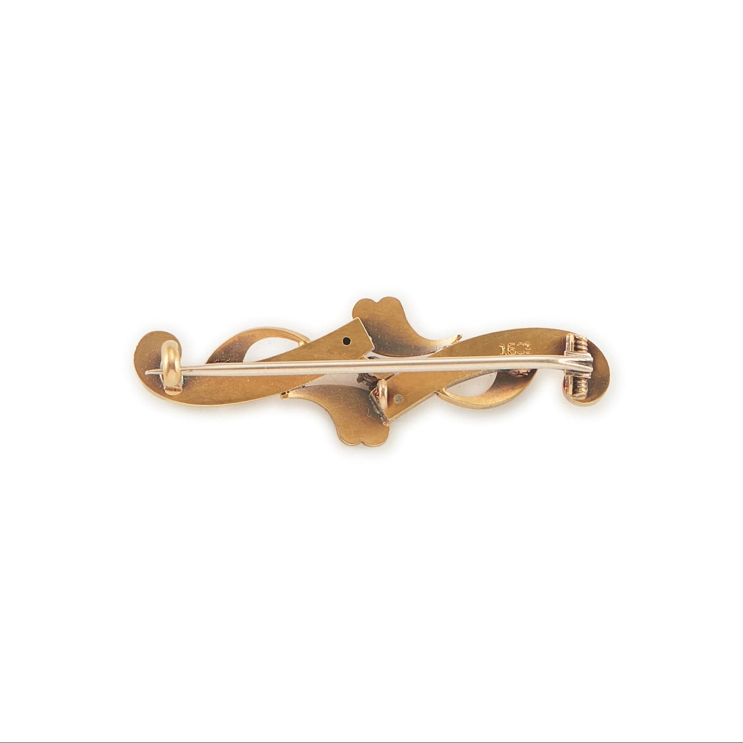 Dainty Victorian 15ct gold bar brooch set with two faceted rubies and a natural diamond in the centre.