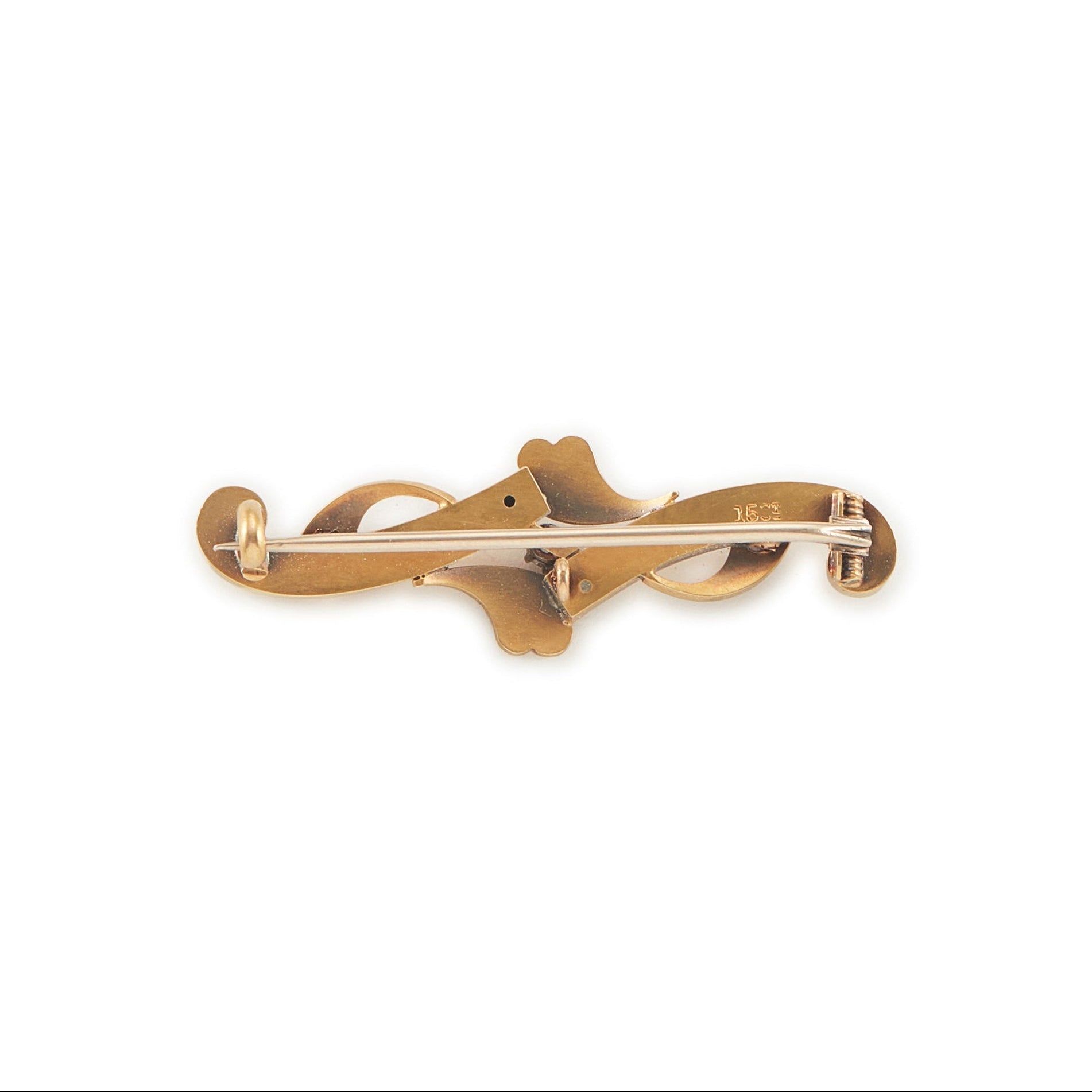 Dainty Victorian 15ct gold bar brooch set with two faceted rubies and a natural diamond in the centre.