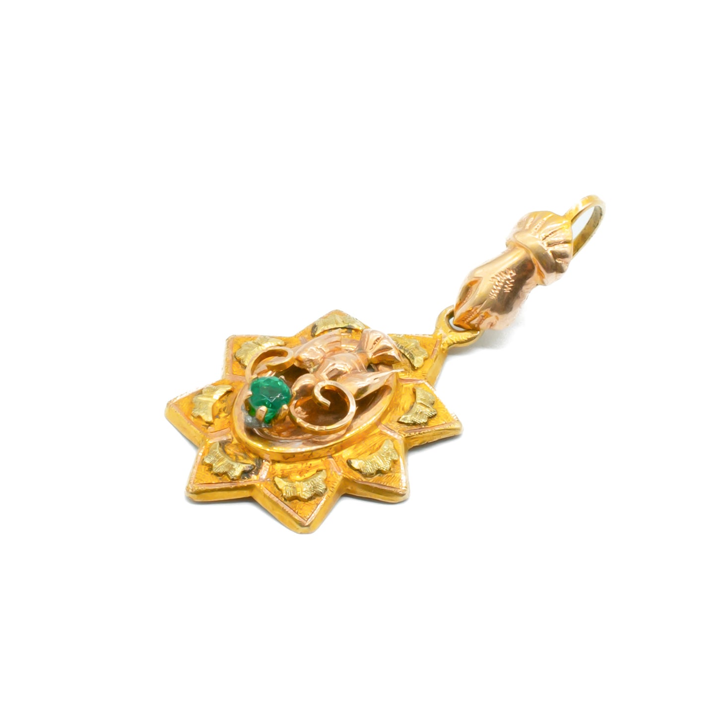Exquisite Victorian 15ct rose and yellow gold pendant depicting a hand and dove, set with a faceted emerald.