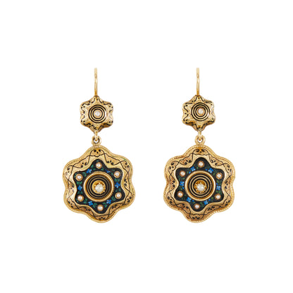 Magnificent Victorian 15ct gold dangling earrings with beautiful black, blue and green enamelling in an intricate floral pattern. Each earring is set with eight small seed pearls.