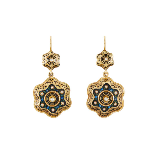Magnificent Victorian 15ct gold dangling earrings with beautiful black, blue and green enamelling in an intricate floral pattern. Each earring is set with eight small seed pearls.
