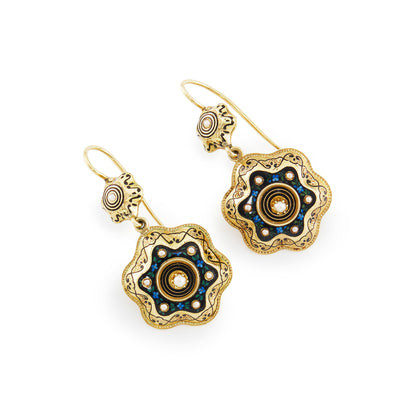 Magnificent Victorian 15ct gold dangling earrings with beautiful black, blue and green enamelling in an intricate floral pattern. Each earring is set with eight small seed pearls.