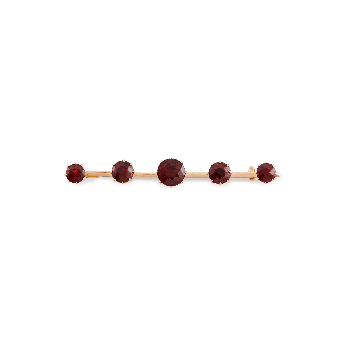 Classic 15ct rose gold Victorian bar brooch set with five beautifully faceted deep red garnets.