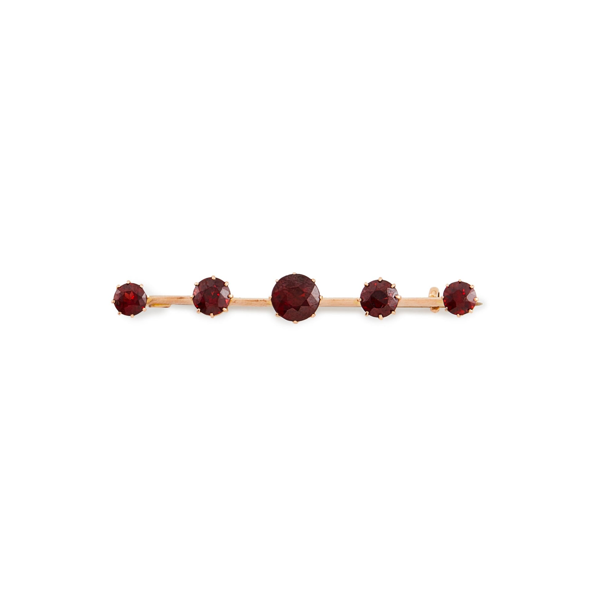 Classic 15ct rose gold Victorian bar brooch set with five beautifully faceted deep red garnets.
