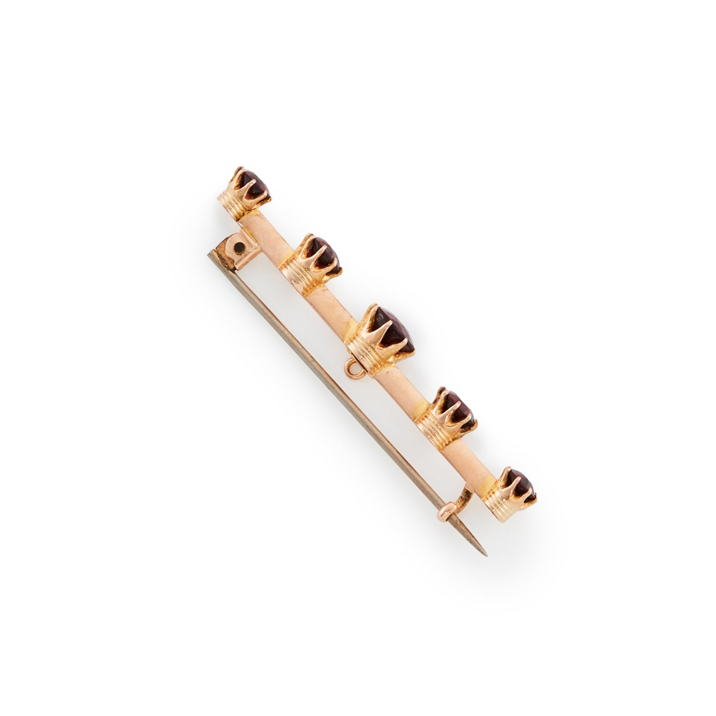 Classic 15ct rose gold Victorian bar brooch set with five beautifully faceted deep red garnets.