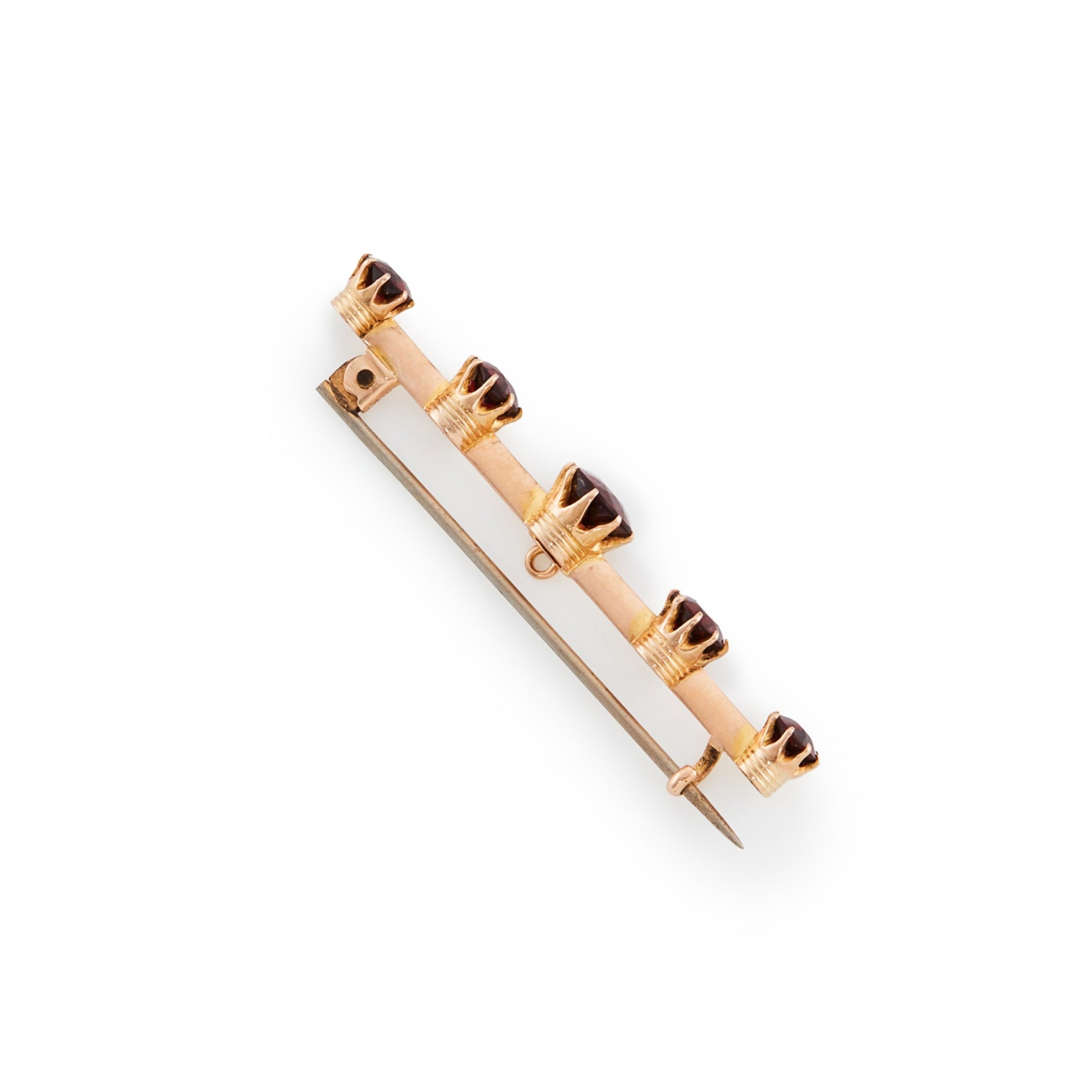 Classic 15ct rose gold Victorian bar brooch set with five beautifully faceted deep red garnets.