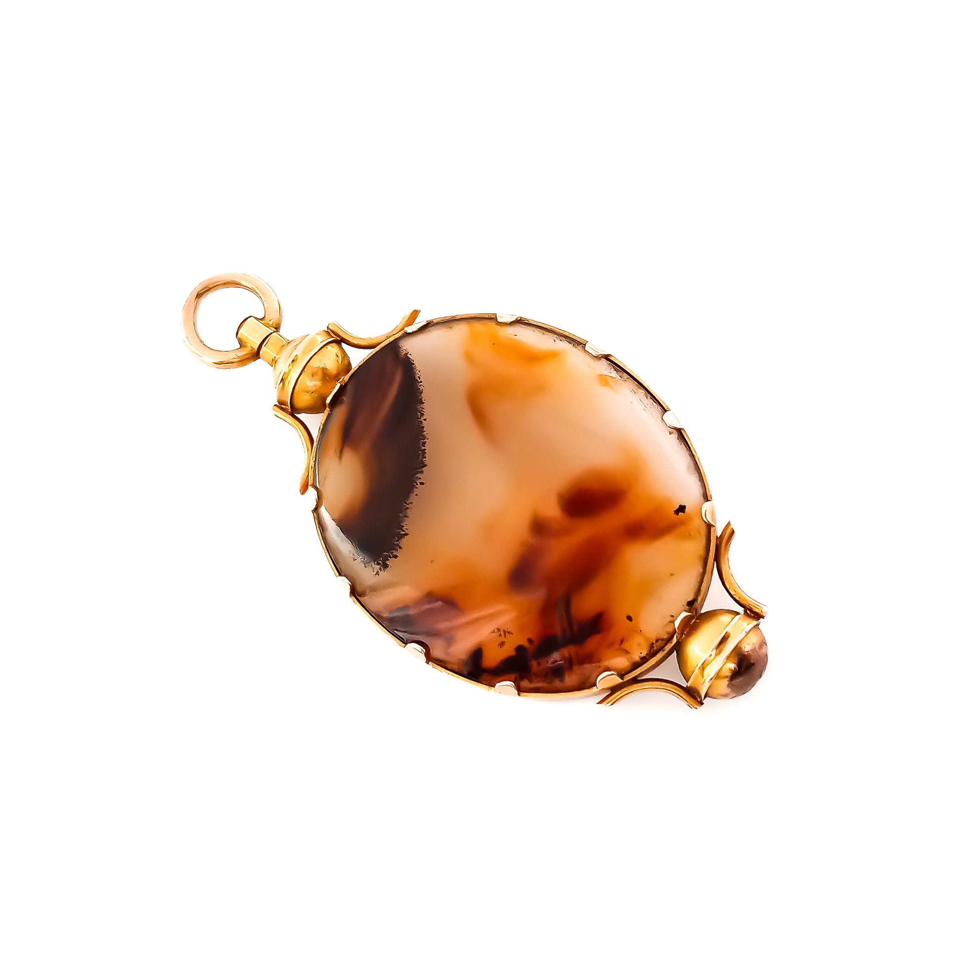 Classic 15ct yellow gold Victorian pendant set with a large oval brown moss agate disk.