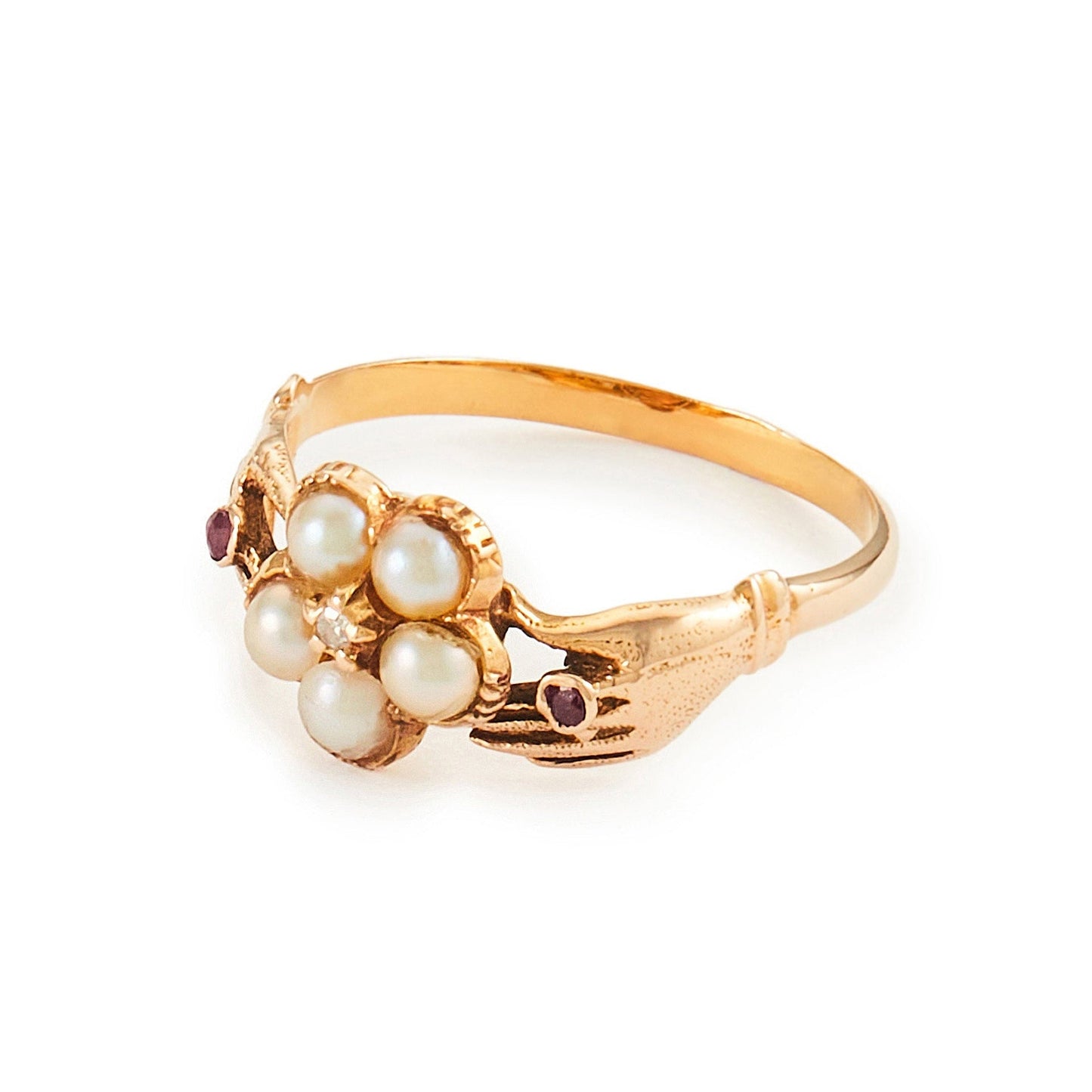 Delightful Victorian 15ct Gold claddagh ring, with two hands holding a seed pearl flower, centred by a small diamond and a tiny ruby on each side.