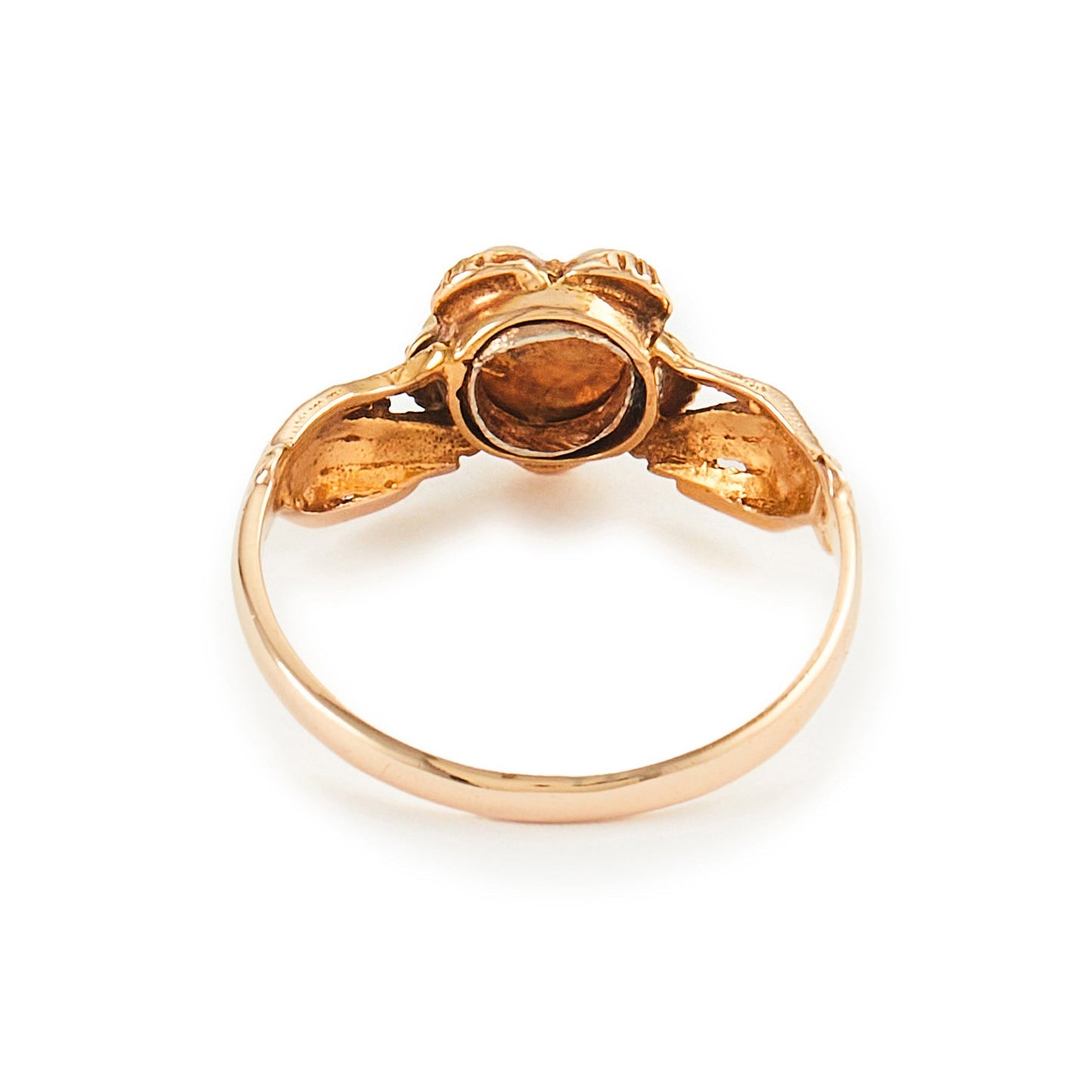 Delightful Victorian 15ct Gold claddagh ring, with two hands holding a seed pearl flower, centred by a small diamond and a tiny ruby on each side.