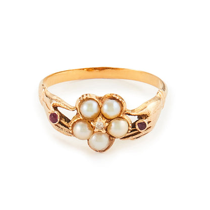 Victorian 15ct Gold Pearl, Diamond and Ruby Claddagh Ring