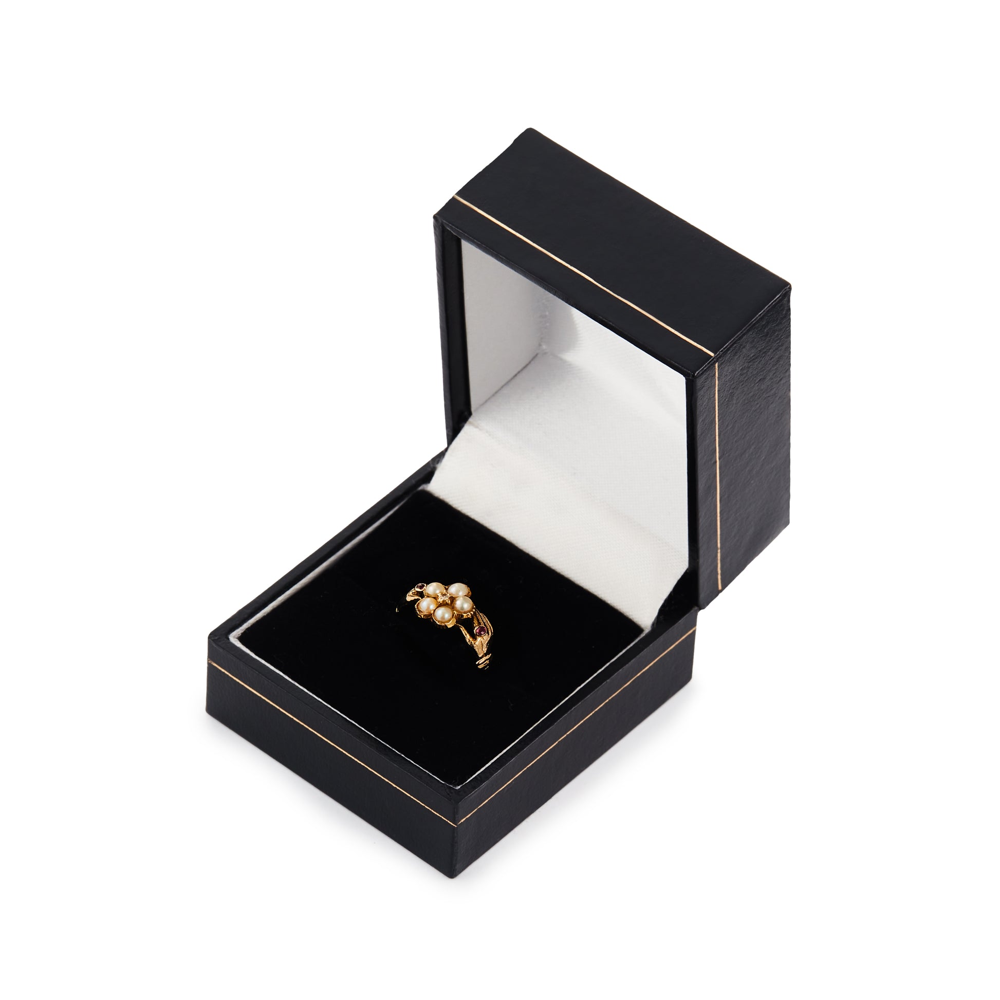Delightful Victorian 15ct Gold claddagh ring, with two hands holding a seed pearl flower, centred by a small diamond and a tiny ruby on each side.