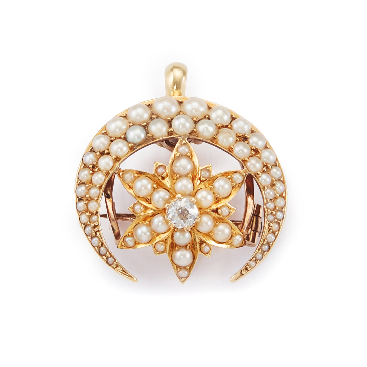 Lovely Victorian 15ct yellow gold crescent and star pendant/brooch set with sixty-eight seed pearls and an old-cut centre diamond.