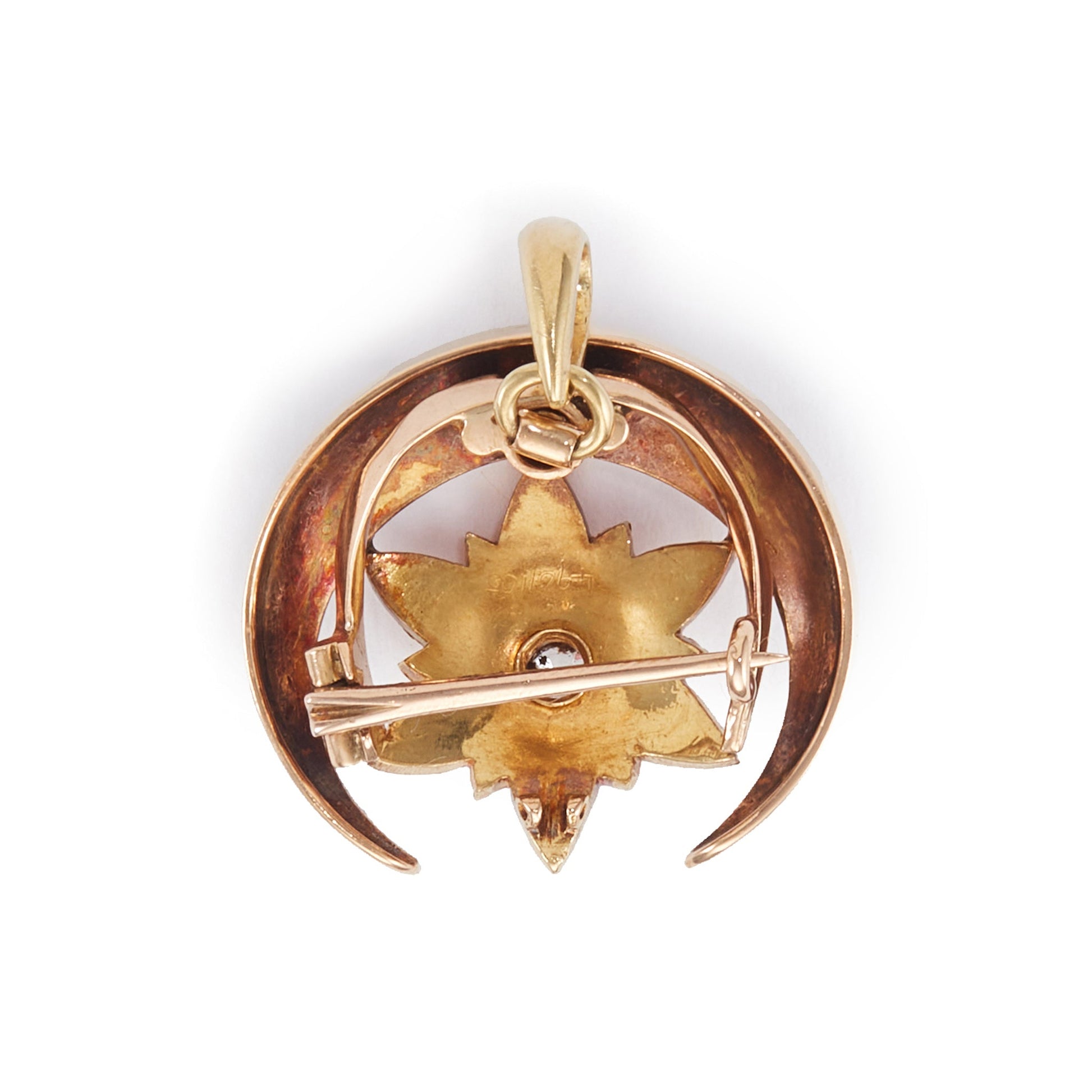 Lovely Victorian 15ct yellow gold crescent and star pendant/brooch set with sixty-eight seed pearls and an old-cut centre diamond.