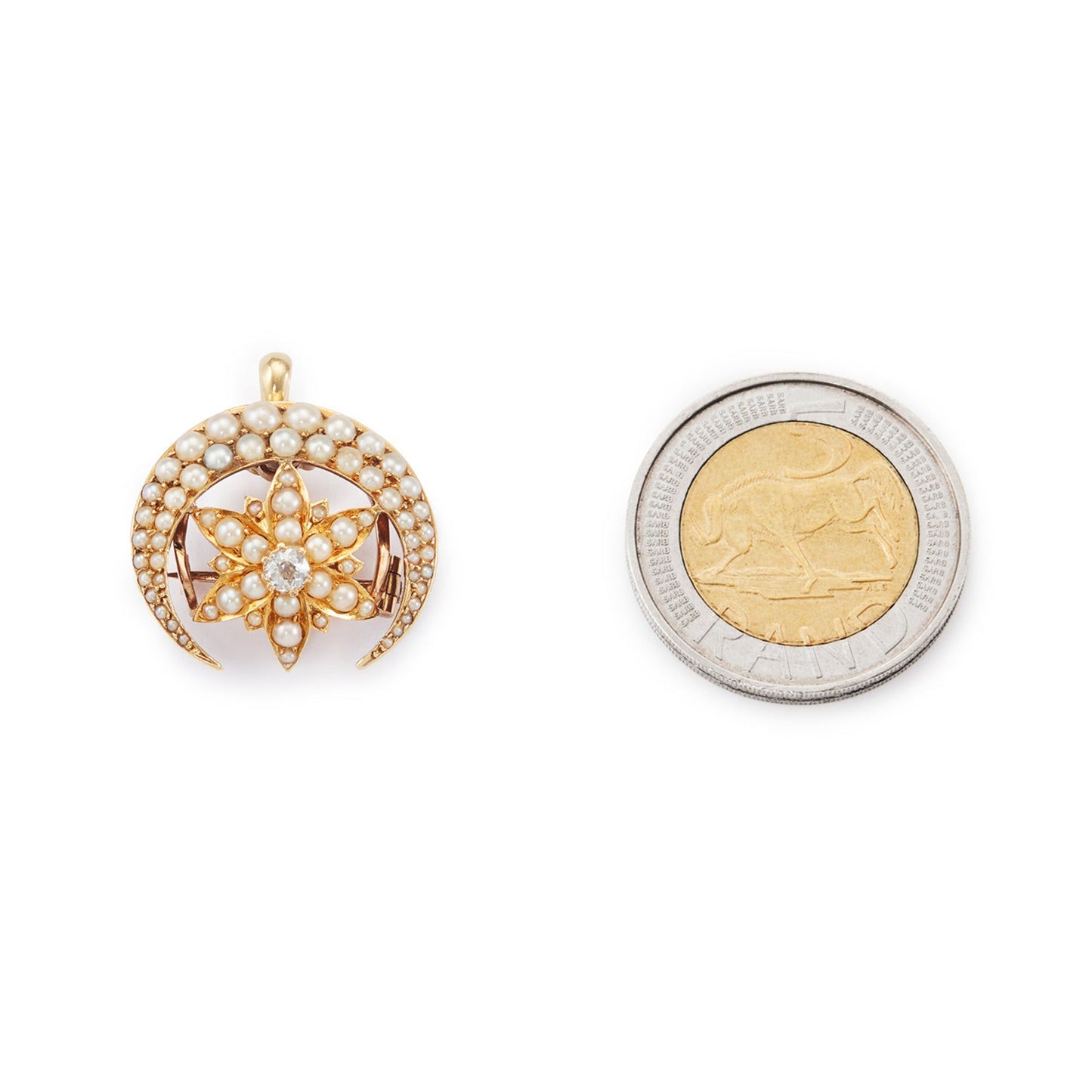 Lovely Victorian 15ct yellow gold crescent and star pendant/brooch set with sixty-eight seed pearls and an old-cut centre diamond.