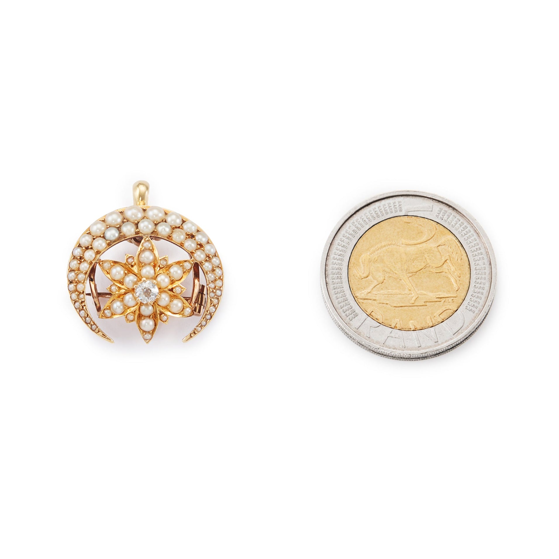 Lovely Victorian 15ct yellow gold crescent and star pendant/brooch set with sixty-eight seed pearls and an old-cut centre diamond.