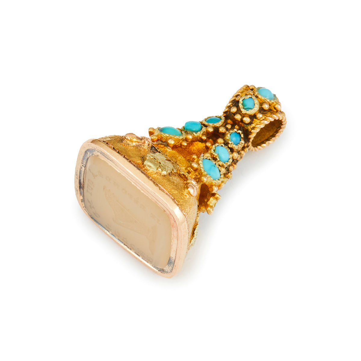 Very ornate small Victorian 15ct gold small fob seal set with sixteen turquoise cabochon stones and a chalcedony intaglio.