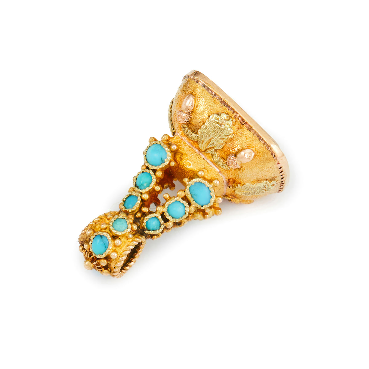 Very ornate small Victorian 15ct gold small fob seal set with sixteen turquoise cabochon stones and a chalcedony intaglio.