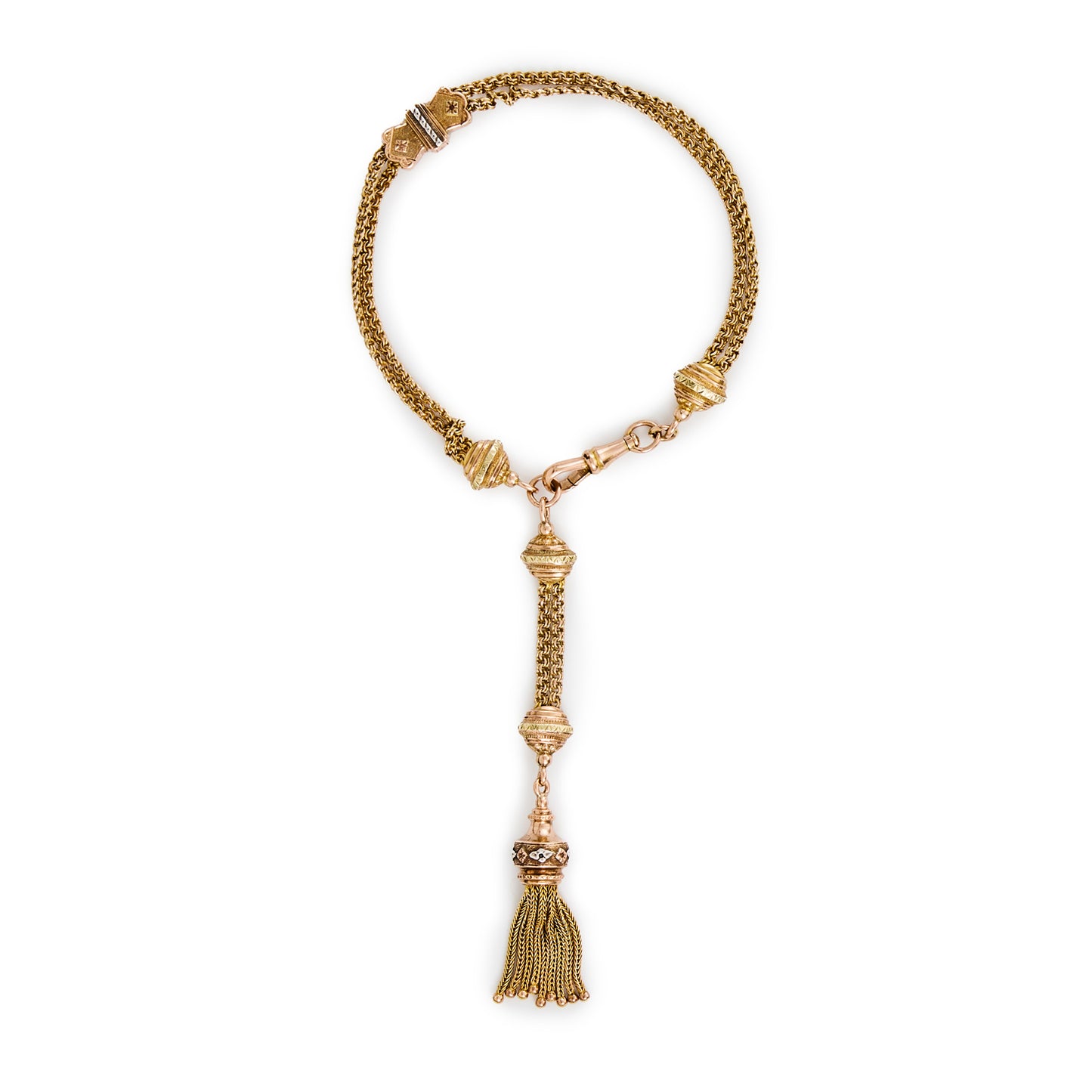 Magnificent Victorian 15ct rose, yellow and white gold albertina bracelet with an ornate tassel and intricate detail.