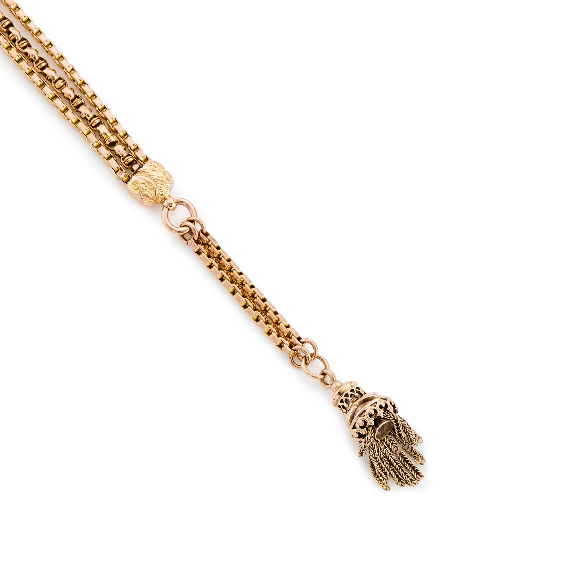 Magnificent Victorian 15ct rose, yellow and white gold albertina bracelet with an ornate tassel and intricate detail.