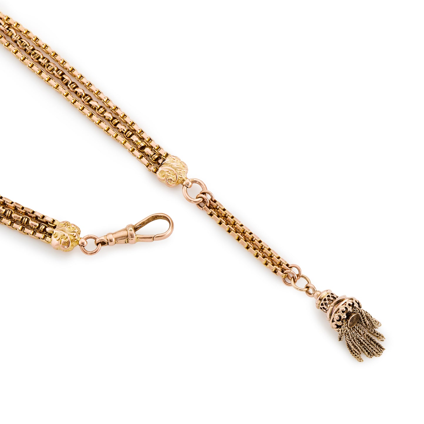 Magnificent Victorian 15ct rose, yellow and white gold albertina bracelet with an ornate tassel and intricate detail.