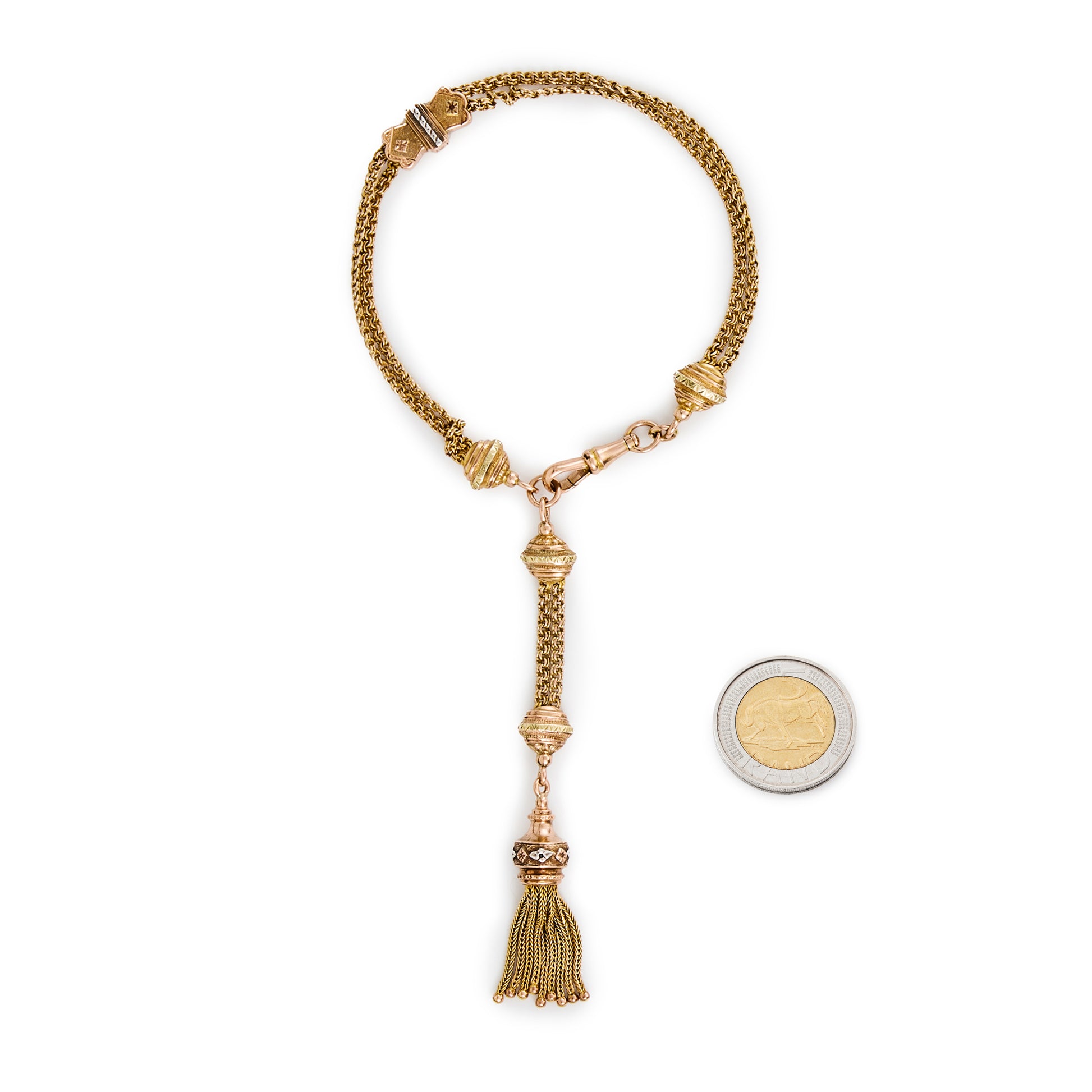 Magnificent Victorian 15ct rose, yellow and white gold albertina bracelet with an ornate tassel and intricate detail.