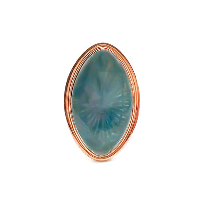 Lovely Victorian 9ct rose gold ring with sea-blue enamelling under domed glass.