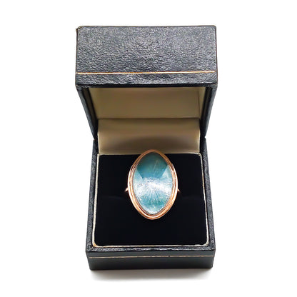 Lovely Victorian 9ct rose gold ring with sea-blue enamelling under domed glass.