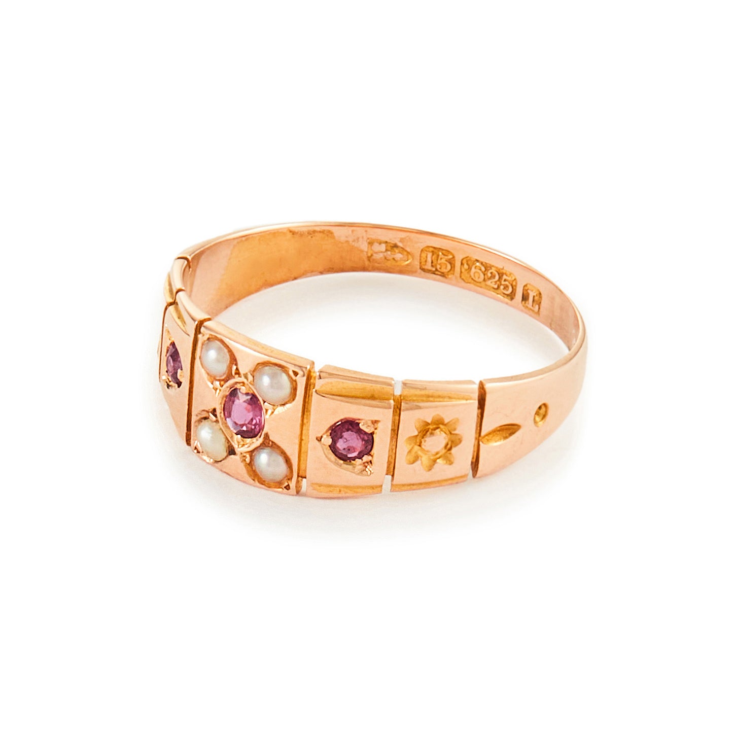 Classic Victorian 15ct rose gold Gypsy ring set with three rhodolite garnets and four seed pearls. Chester 1894