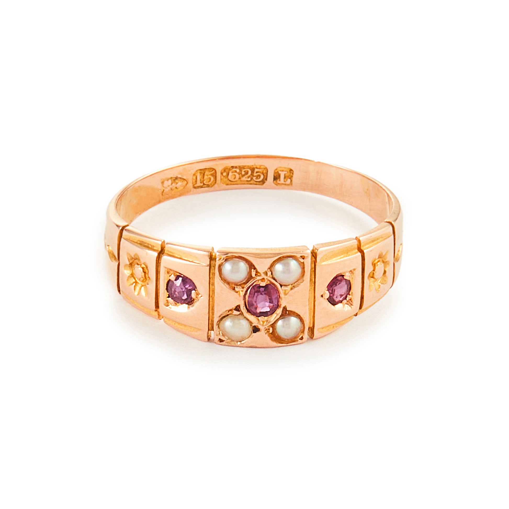 Classic Victorian 15ct rose gold Gypsy ring set with three rhodolite garnets and four seed pearls. Chester 1894