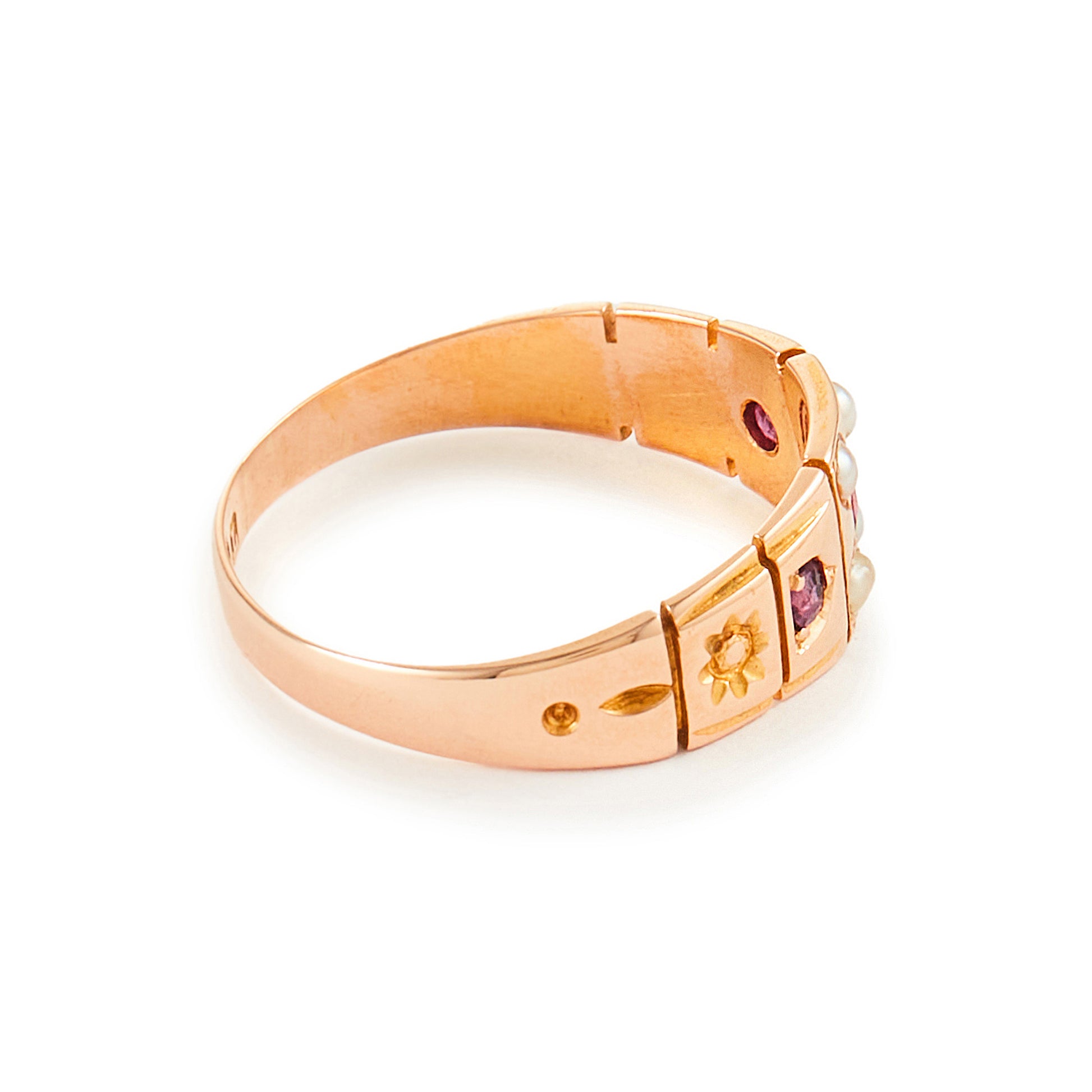 Classic Victorian 15ct rose gold Gypsy ring set with three rhodolite garnets and four seed pearls. Chester 1894