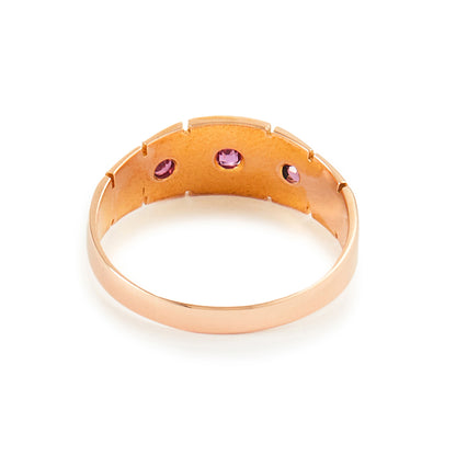 Classic Victorian 15ct rose gold Gypsy ring set with three rhodolite garnets and four seed pearls. Chester 1894