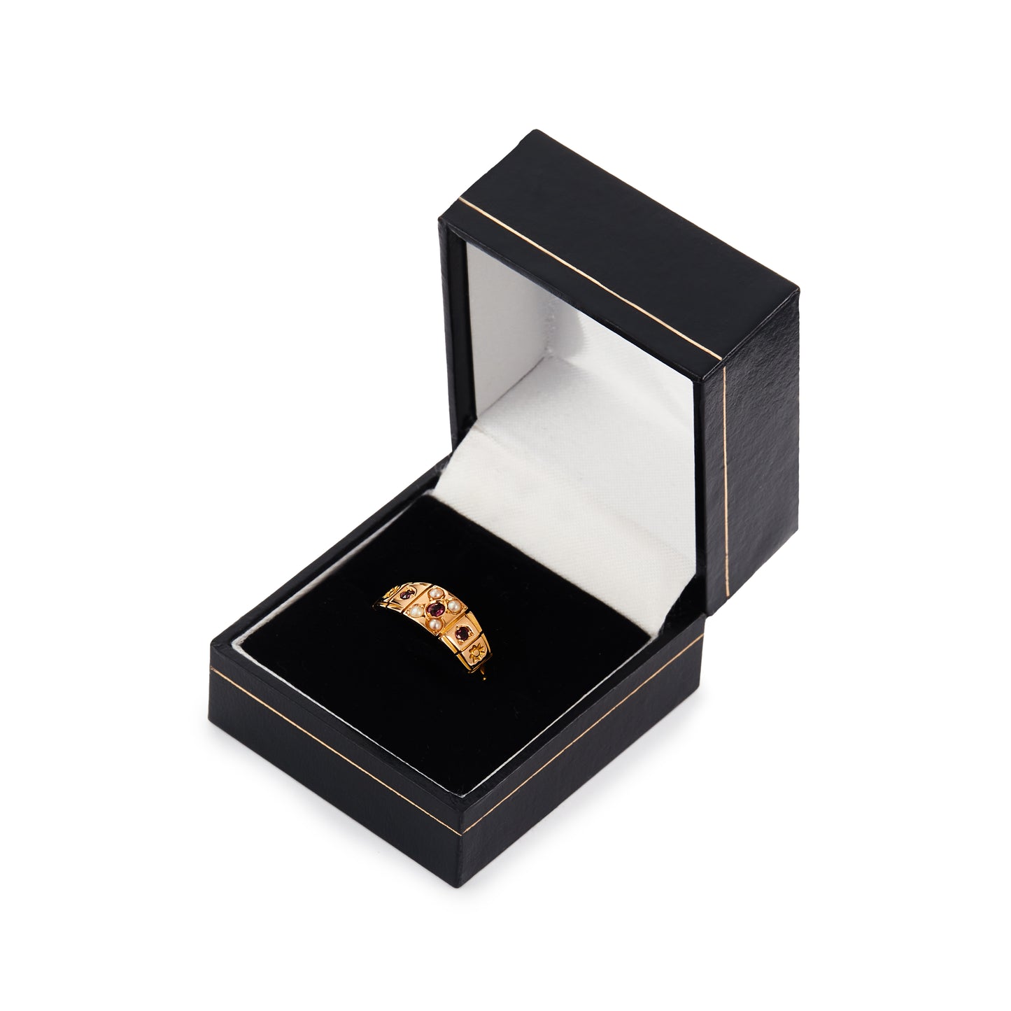Classic Victorian 15ct rose gold Gypsy ring set with three rhodolite garnets and four seed pearls. Chester 1894