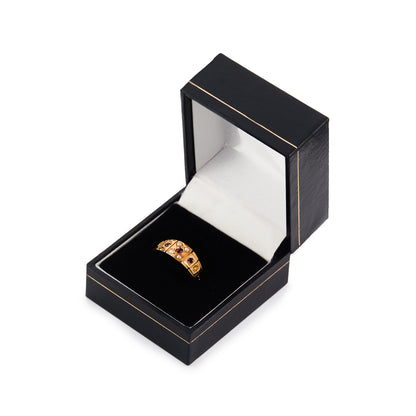 Classic Victorian 15ct rose gold Gypsy ring set with three rhodolite garnets and four seed pearls. Chester 1894