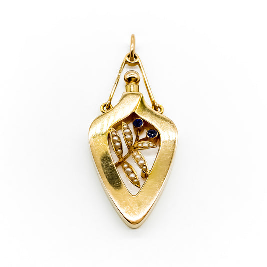 Very unusual Victorian 15ct rose gold seed pearl and sapphire perfume bottle pendant.
