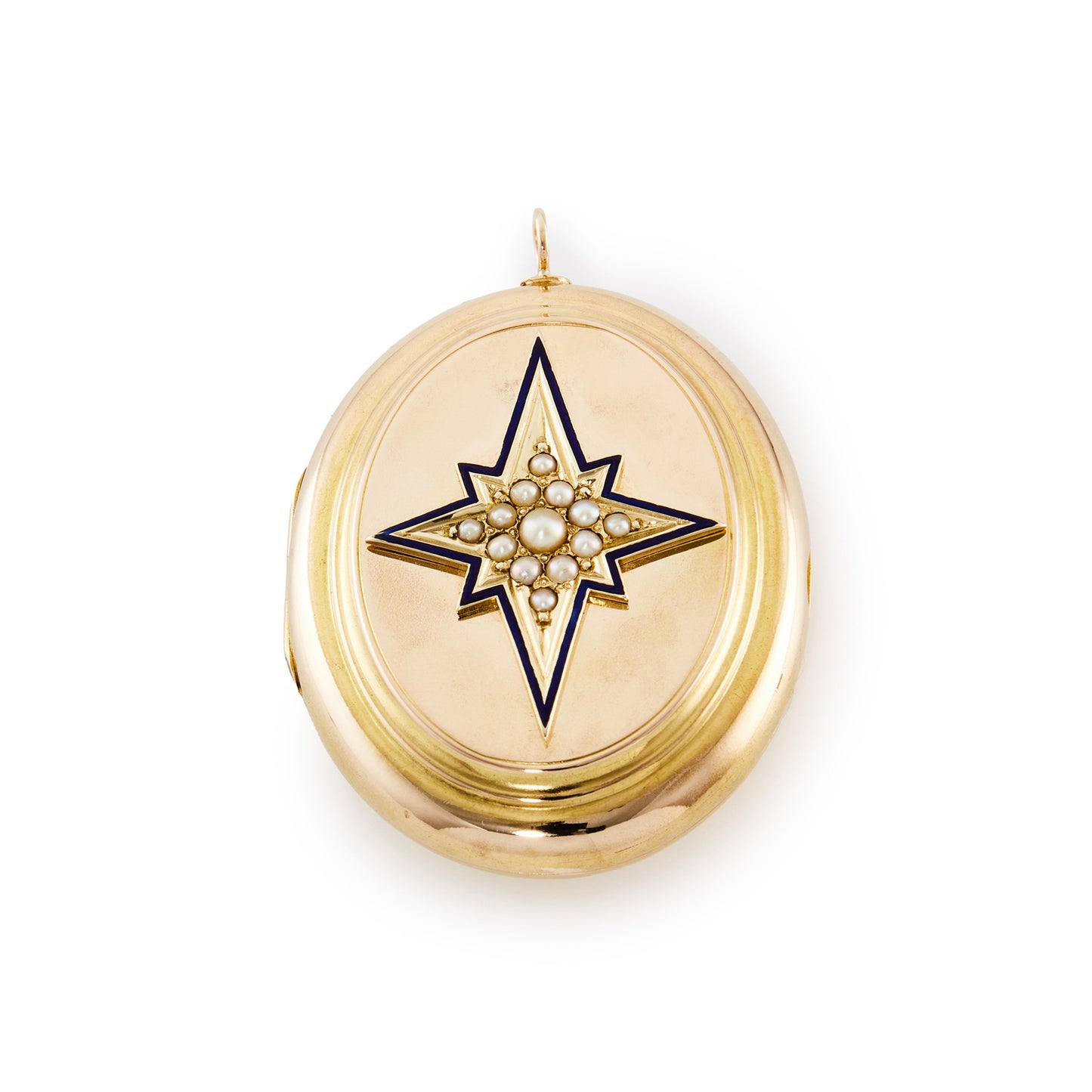 Beautiful Victorian 15ct rose gold oval locket, embossed with seed pearls inside a dark blue enamelled star.