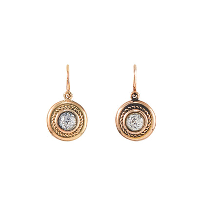 Elegant Victorian 15ct rose gold drop earrings, each set with a faceted white spinel in a rope design.