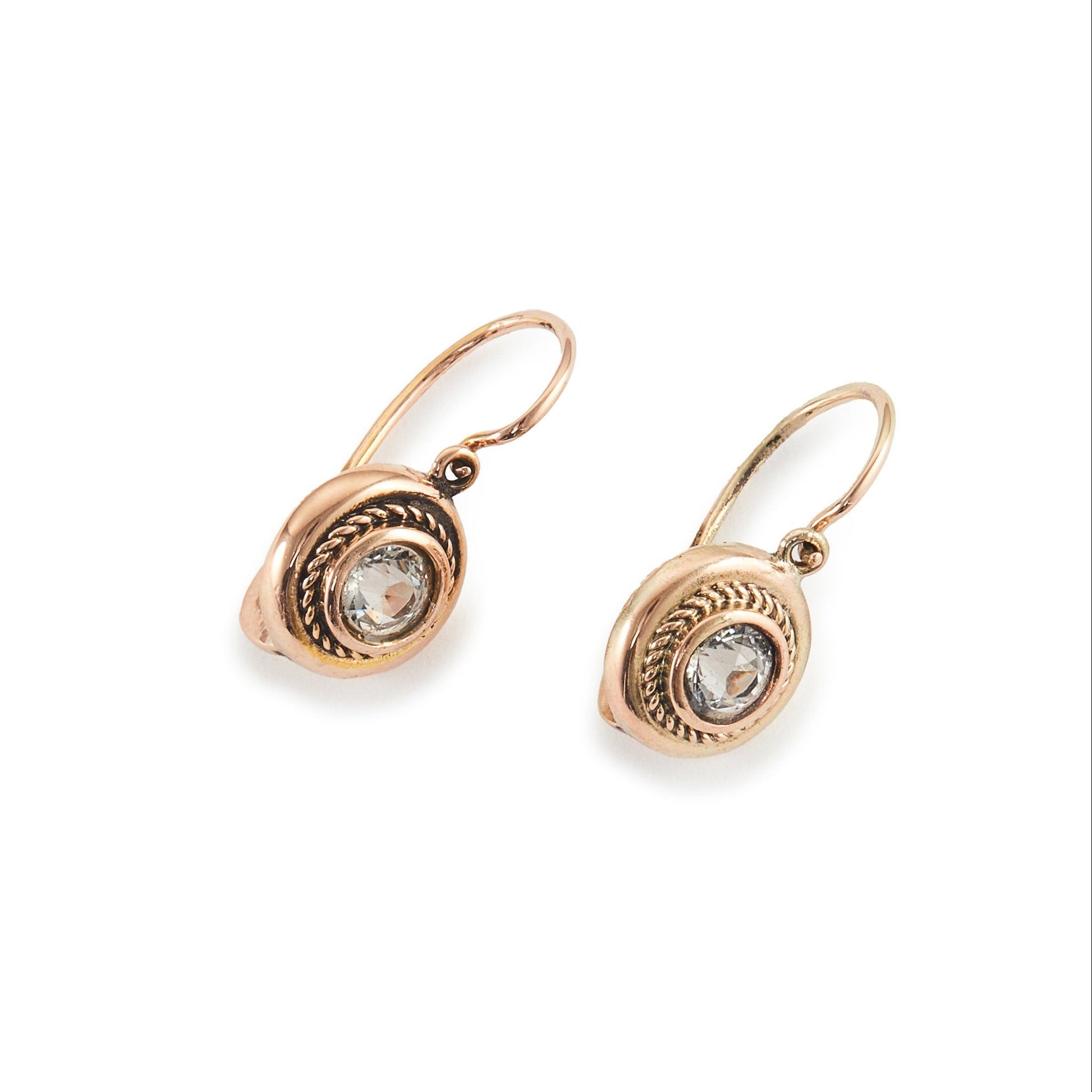 Elegant Victorian 15ct rose gold drop earrings, each set with a faceted white spinel in a rope design.