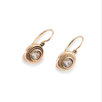 Elegant Victorian 15ct rose gold drop earrings, each set with a faceted white spinel in a rope design.