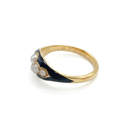 Victorian 18ct Gold Enamel and Pearl Mourning Ring