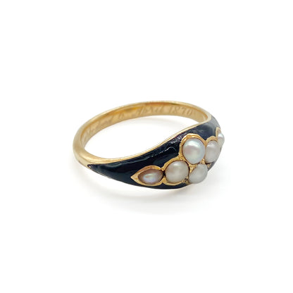 Victorian 18ct Gold Enamel and Pearl Mourning Ring