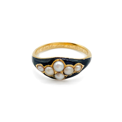 Victorian 18ct Gold Enamel and Pearl Mourning Ring