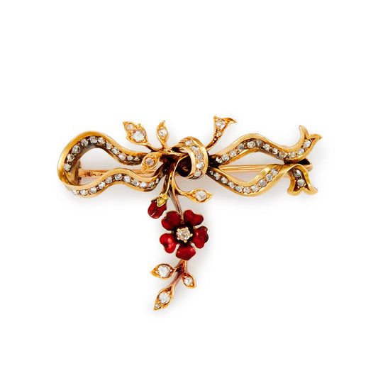Exquisite 18ct rose gold Victorian bow brooch set with diamonds and a beautifully enamelled red flower.