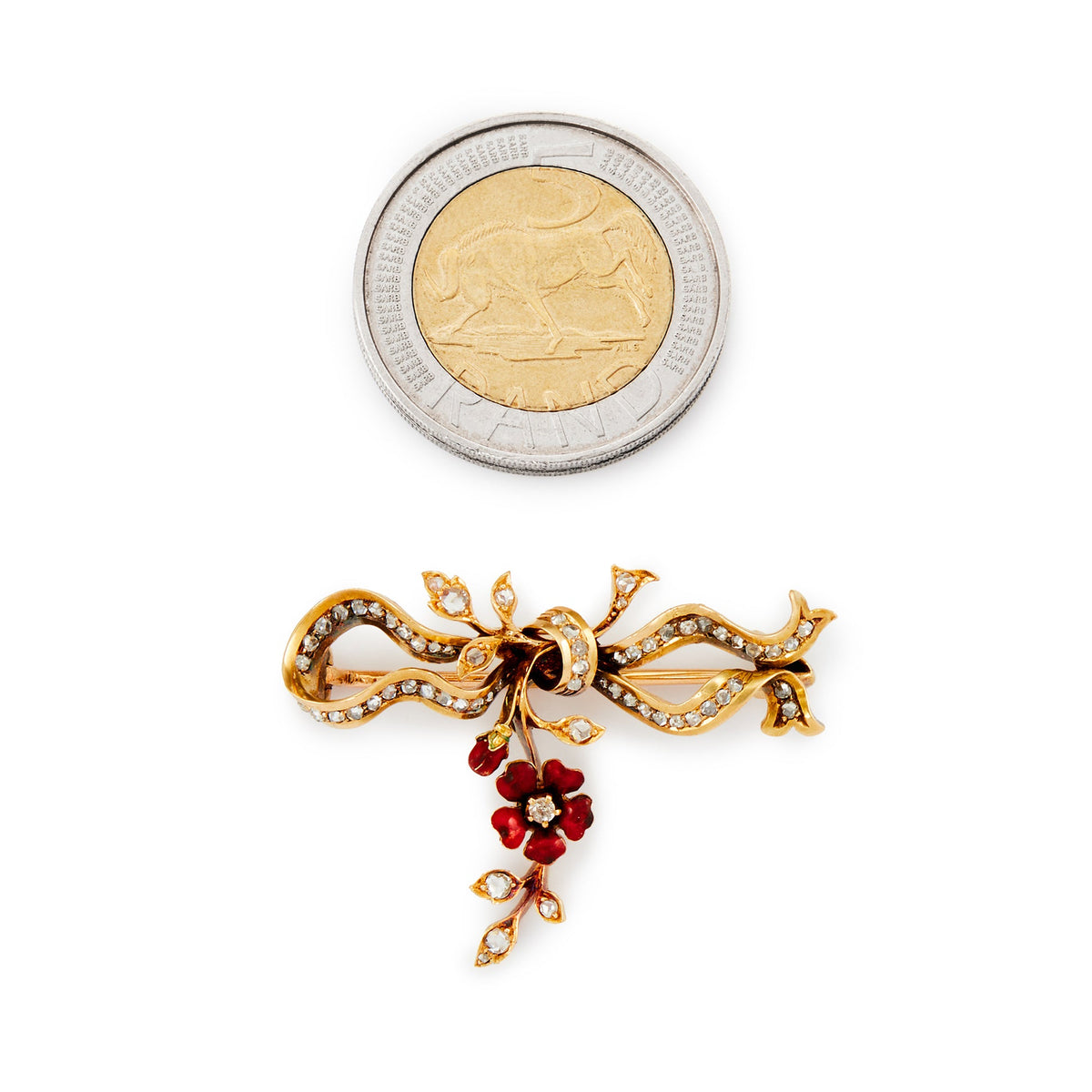 Exquisite 18ct rose gold Victorian bow brooch set with diamonds and a beautifully enamelled red flower.