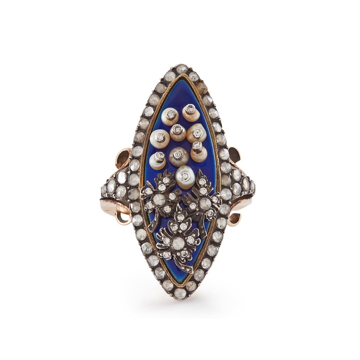Magnificent and unusual Victorian marquise-shaped 18ct rose gold and silver blue enamel ring. The ring is accented with nine riveted pearls topped with diamonds and three riveted diamond-encrusted leaves. The piece also has rough-cut diamonds around the rim and shoulders. A real statement piece!