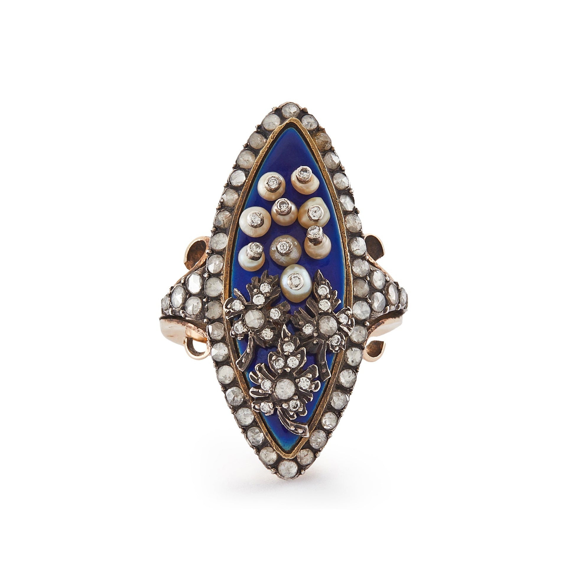 Magnificent and unusual Victorian marquise-shaped 18ct rose gold and silver blue enamel ring. The ring is accented with nine riveted pearls topped with diamonds and three riveted diamond-encrusted leaves. The piece also has rough-cut diamonds around the rim and shoulders. A real statement piece!